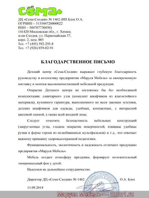 Благодарность от детского центра Сёма