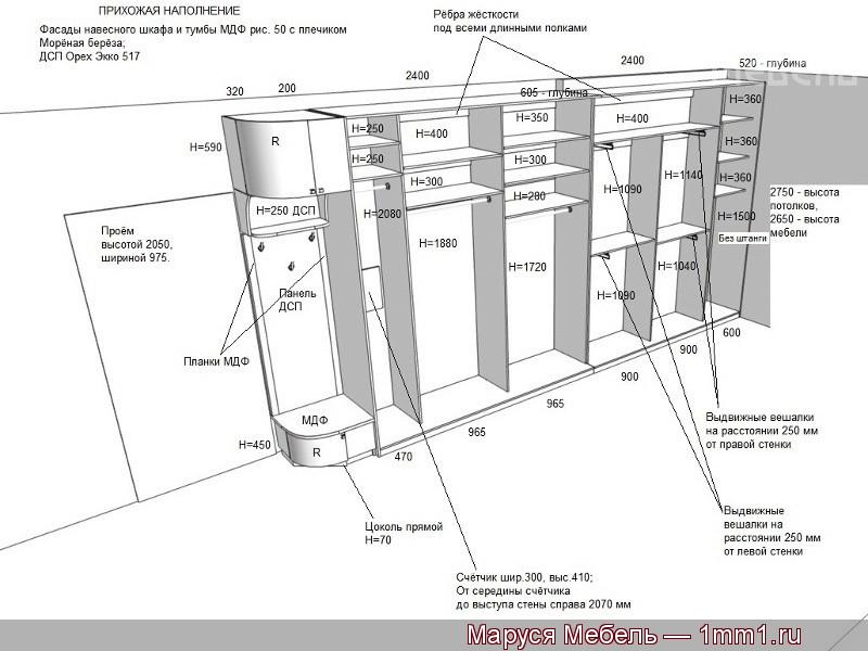 Проект шкафа-купе в прихожую с пескоструйным рисунком: Схема с размерами шкафа-купе