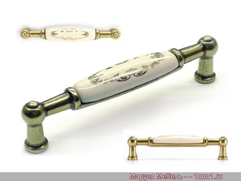 Ручки со вставками: Ручка металл бронза с белой керамической вставкой, скоба 96 мм