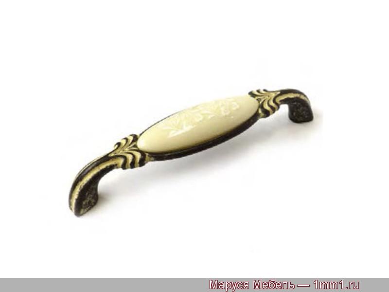 Ручки со вставками: Ручка металл  состаренная слоновая кость со вставкой бежевая керамика, скоба 128 мм